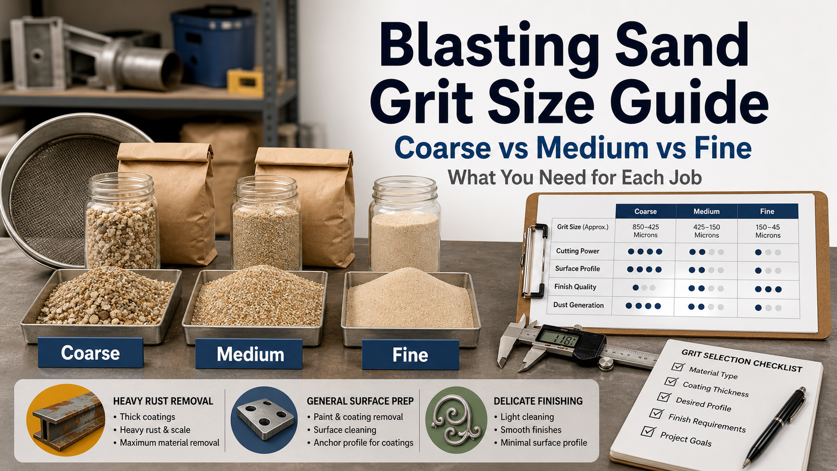 Blasting Sand Grit Size Guide: Coarse vs Medium vs Fine — What You Need for Each Job