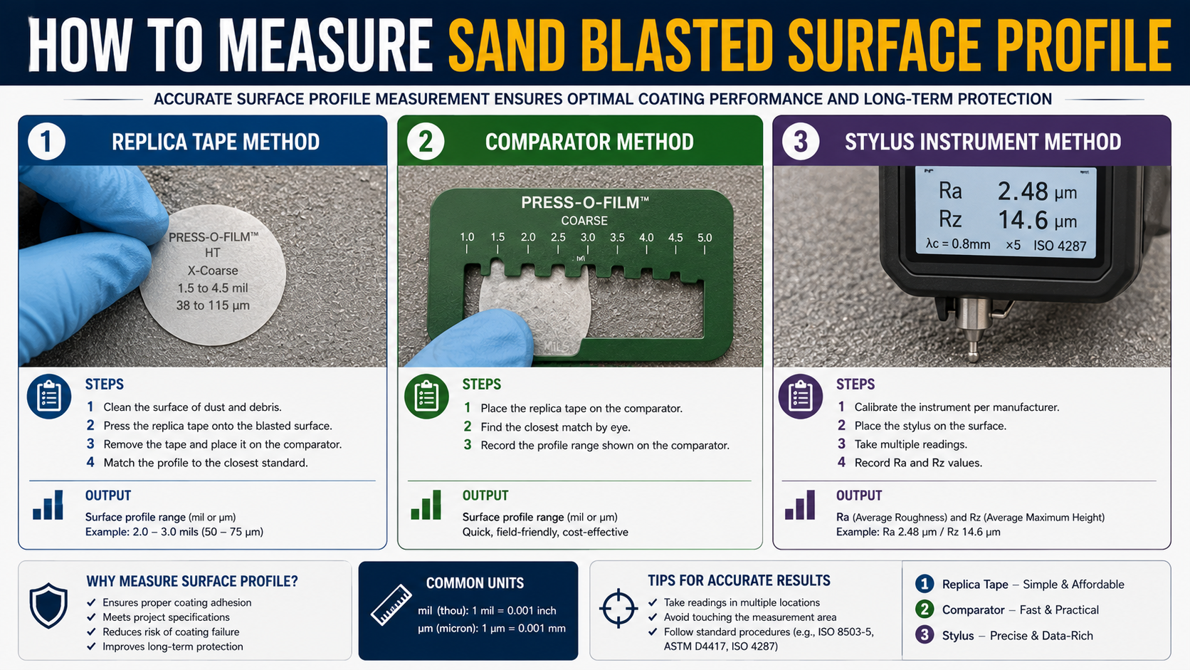 How to Measure Sand Blasted Surface Profile: Replica Tape, Comparator, Stylus