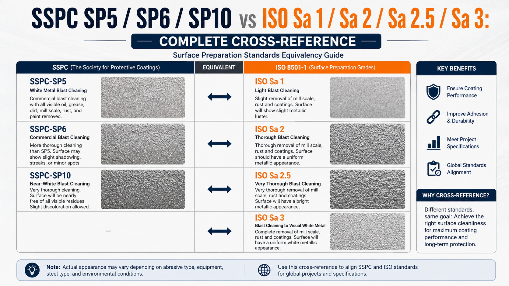SSPC SP5 / SP6 / SP10 vs ISO Sa 1 / Sa 2 / Sa 2.5 / Sa 3: Complete Cross-Reference