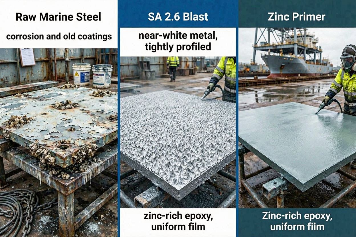 Sand Blasted Steel for Marine & Offshore SA 2.5 Zinc Primer Workflow Sand Blasted Steel for Marine & Offshore: SA 2.5 + Zinc Primer Workflow