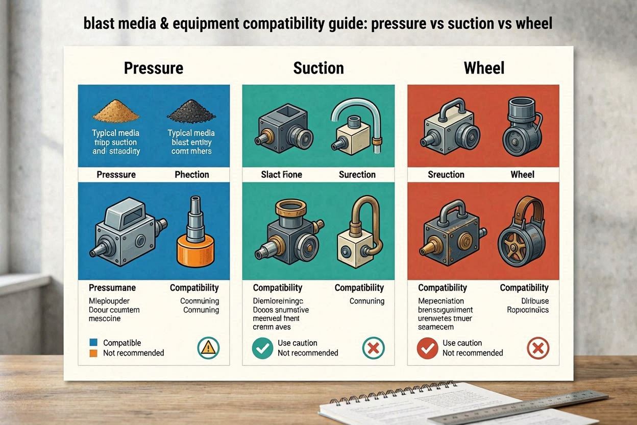 Blast Media & Equipment Compatibility Guide Pressure vs Suction vs Wheel Blast Media & Equipment Compatibility Guide: Pressure vs Suction vs Wheel