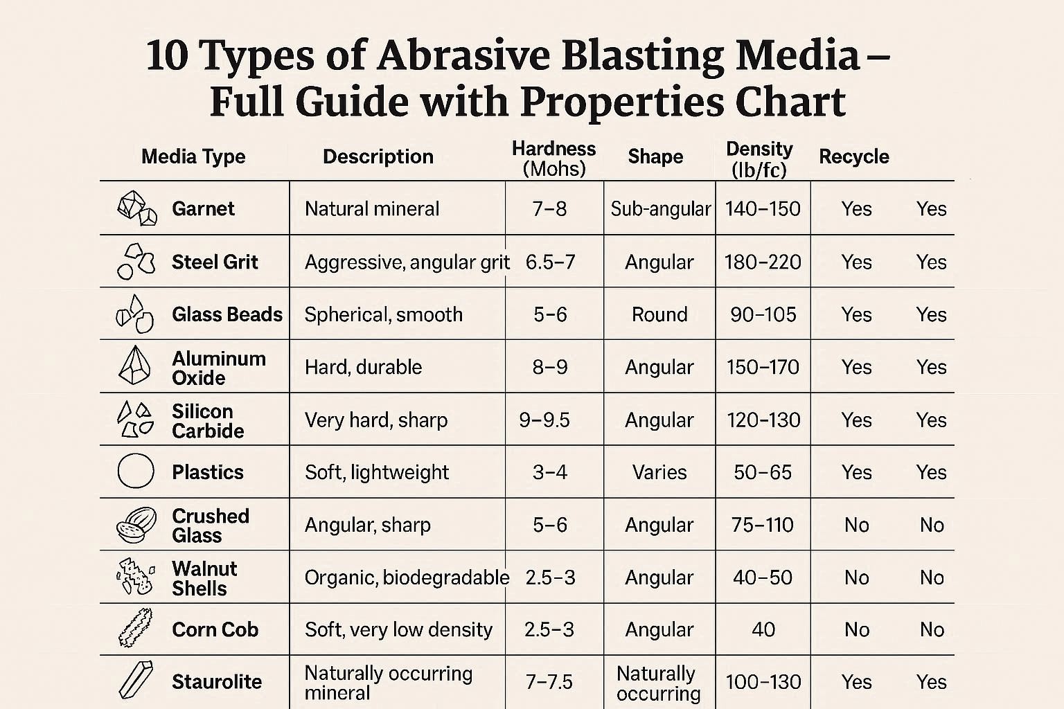 10 Types of Abrasive Blasting Media — Full Guide with Properties Chart