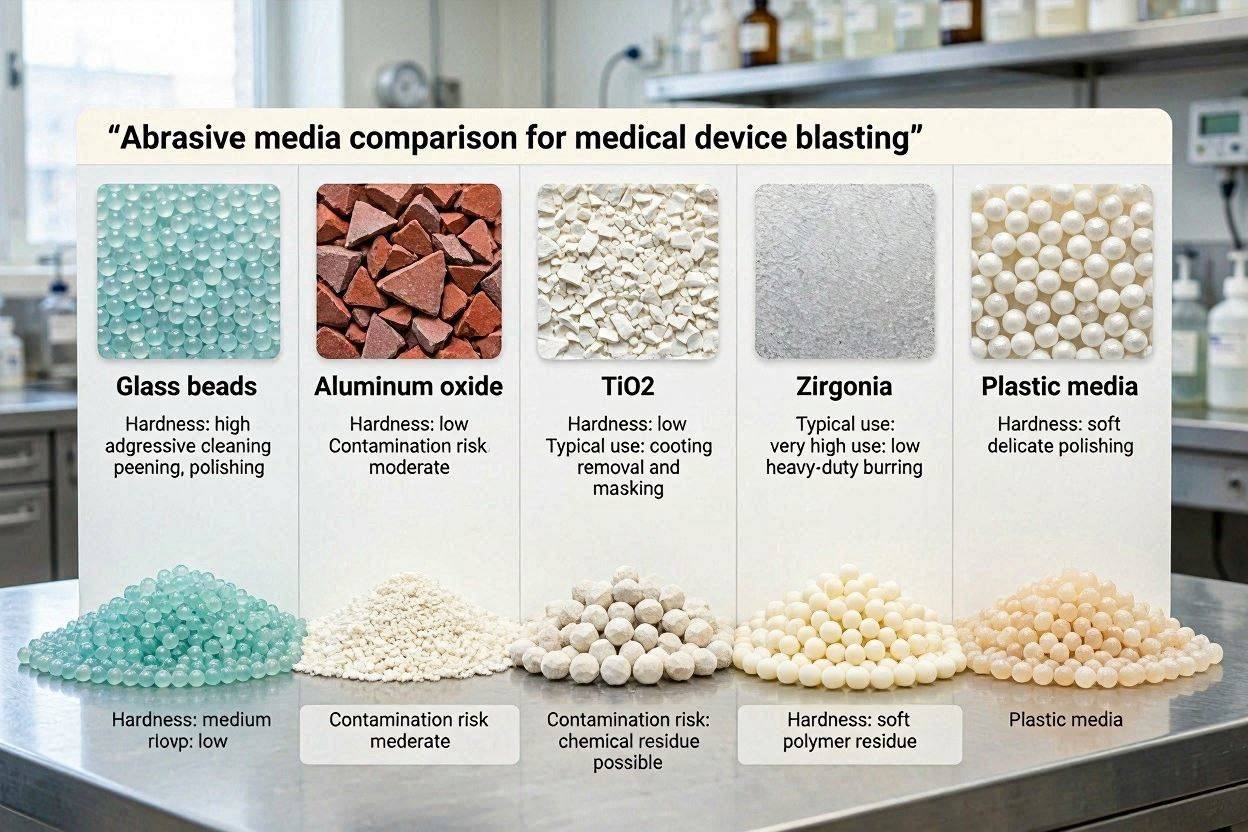 Abrasive Media for Medical Device Blasting: Glass Beads, Aluminum Oxide, TiO₂, Zirconia, and Plastic Media Compared