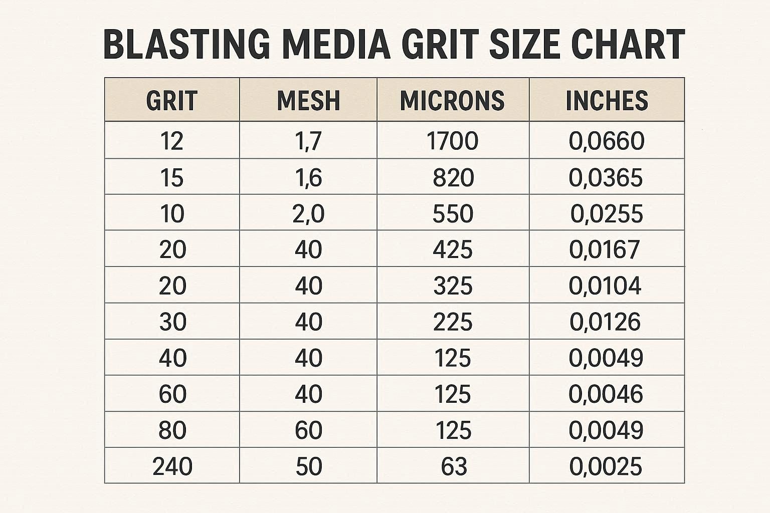 Blasting Media Grit Size Chart — Grit, Mesh, Microns and Inches Conversion