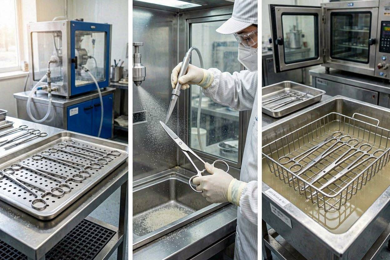 Glass_Bead_Blasting_for_Surgical_Instruments_Matte_Anti-Glar Glass Bead Blasting for Surgical Instruments: Matte Anti-Glare Finish, Stress Relief, and Passivation Sequence