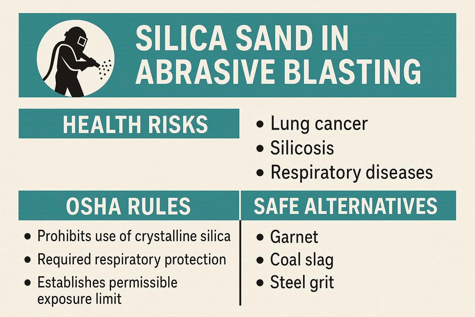 Silica Sand in Abrasive Blasting — Health Risks, OSHA Rules and Safe Alternatives Chart