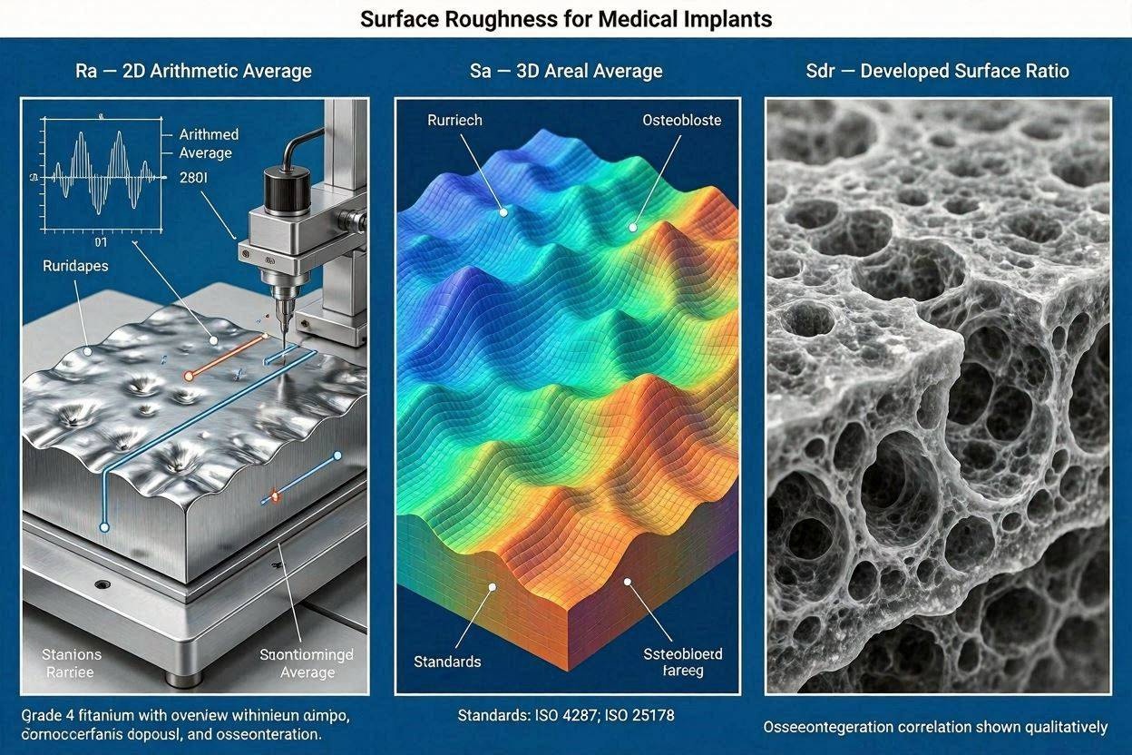 Surface Roughness for Medical Implants: Ra, Sa, Sdr — Measurement Standards and Osseointegration Research